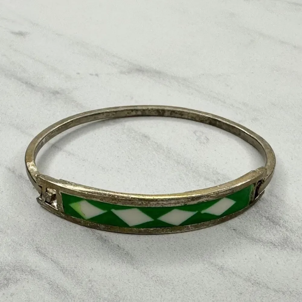 Alpaca Mexico Vintage Green White Diamond Pattern Inlay Hinged Bangle Bracelet ✨